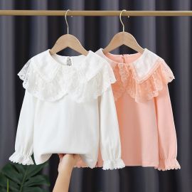 تي شيرت قطني بأكمام طويلة وياقة مقلوبة من الدانتيل للفتيات