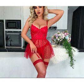 طقم قميص نوم نسائي مثير من الدانتيل الشفاف الشبكي