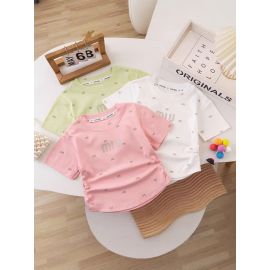 تيشيرت صيفي قصير الأكمام وياقة دائرية بفيونكات من آلياف البوليستر للبنات