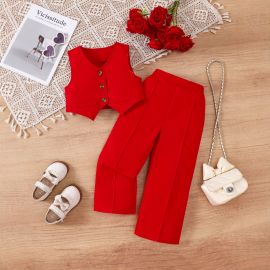 طقم مكون من قطعتين للبنات بدون أكمام بياقة على شكل حرف V وبنطال للأطفال الصغار