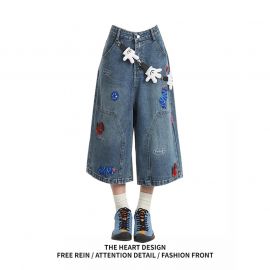 بنطلون جينز ميدي مطرز  للنساء غير رسمي فضفاض