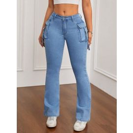 بنطلون جينز واسع الساقين قابل للطي من الأعلى ضيق ومرن للسيدات 