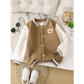 سترة أطفال دافئة سميكة بلون الكاكي مطرزة بدب، جاكيت ولادي كاجوال لطيف بياقة عالية