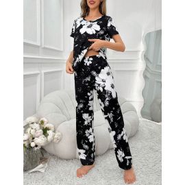 بيجامة صيفية منقوشة بأكمام قصيرة وياقة دائرية وبنطال طويل للسيدات 