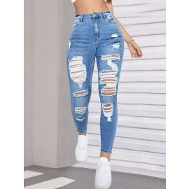 بنطال جينز نسائي يتميز بقصات ممزقة جريئة مصنوع من قماش قابل للتمدد