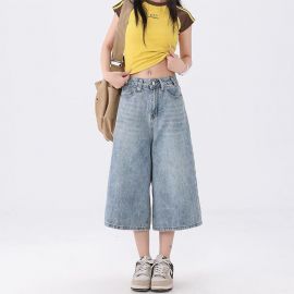 بنطلون جينز نسائي صيفي واسع الساق من قماش الدنيم