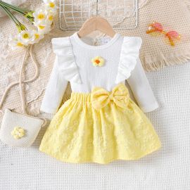  قميص أبيض طويل الأكمام من الصوف مزين بالزهور للبنات + تنورة صفراء