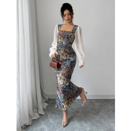 فستان أنيق للنساء من قماش الكانفاس الزيتي والشيفون ذو الرقبة المربعة