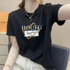 تيشيرت نسائي صيفي فضفاض، مزين بطبعة "HOUFG" مع تصميم هندسي عصري