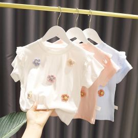 تيشرت صيفي قصير الأكمام للفتيات الصغيرات، بتصميم مزين بزهور ثلاثية الأبعاد، بلوزة من القطن الناعم