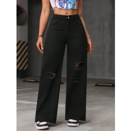 بنطلون جينز قطني واسع الساقين ممزق ومغسول بخصر عالٍ للسيدات