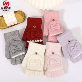 قفازات شتوي مخملية بدون أصابع محبوكة بفيونكة قابلة للطي