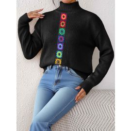 بلوزة ثقيلة نسائية باكمام طويلة وياقة عالية دافئة منقوشة بالوان عشوائية