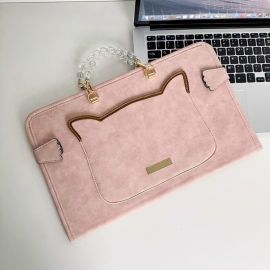 حقيبة لابتوب جلدية بطابع أنثوي أنيق وتصميم قطة لطيفه