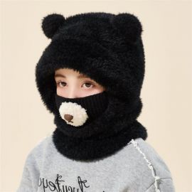 قبعة شتوية بناتي بأذنين بارزتين مع كمامة من نسيج محبوك عليها أنف الدب واقية للوجه والرقبة من البرد