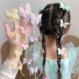 مشابك شعر للأطفال على شكل فراشات رقيقة مع سلاسل من اللؤلؤ