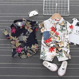  طقم كاجوال صيفي من القطن الناعم بقميص بأكمام وأزرار امامية وشورت قصير للأطفال 