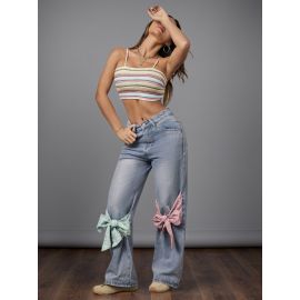 بنطلون جينز واسع الساقين بخصر عالٍ مزين بفيونكة للسيدات