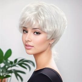 شعر مستعار أبيض قصير فاخر بتصميم واقعي يشبه الشعر الحقيقي 