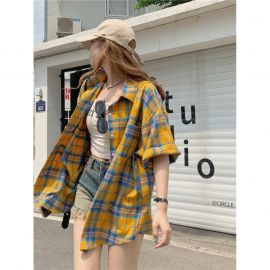 قميص صيفي نسائي بأكمام قصيرة، منقوش كاروهات 