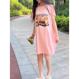 فستان قصير فضفاض برقبة دائرية بتصميم دب كرتوني، مناسب للحوامل