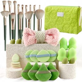 مجموعة فرش المكياج الكاملة باللون الأخضر / 35 قطعة 