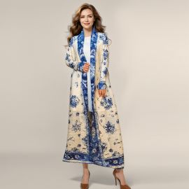 معطف نسائي طويل وبأكمام طويلة منقوش 