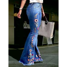 بنطلون جينز بخصر عالٍ، مطاطي، مطرز للسيدات 