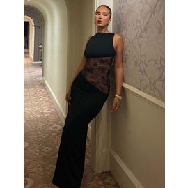 فستان نسائي طويل بدون اكمام مزين بالدانتيل