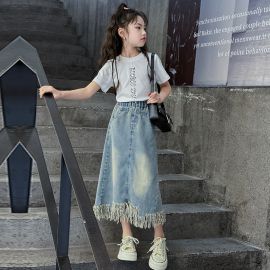 تنورة جينز بناتي ، تنورة قطنية طويلة للبنات