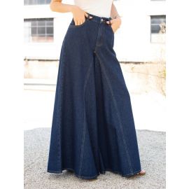 جينز ذو تصميم عصري وأنيق وبسيط واسع الساقين مصنوع من قماش الدنيم المطاطي للسيدات