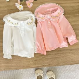 تي شيرت بأكمام طويلة من القطن بياقة مطرزة بسيطة للفتيات الرضع 