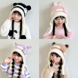 قبعة شتوية بناتي منسوجة ومبطنة بالفرو الصناعي السميك مع شريط عريض ومطرز، متوفرة بتصاميم متعددة