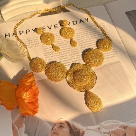 قلادة وأقراط دائرية مطلية بذهب عيار 24 قيراط للسيدات