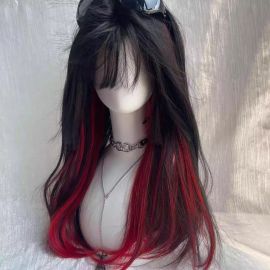 شعر مستعار من ألياف الحرير طويل مميزة باللونين الأسود والأحمر للنساء