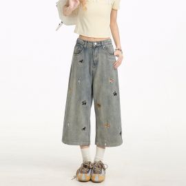 جينز نسائي ميدي مطرز فضفاض، مستقيم، واسع الساق