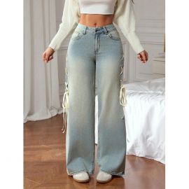 بنطلون جينز واسع الساقين بتصميم عصري وأربطة جانبية للسيدات 