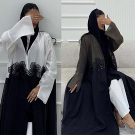 عباية طويلة وأكمام طويلة بنقشة زهور من الترتر الناعم للسيدات 