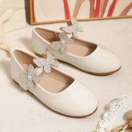 أحذية جلدية مسطحة بشريط فيلكرو على شكل فراشة براقة