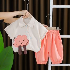 طقم صيفي بقميص كارتوني وشورت سادة قصير للفتيات المواليد 