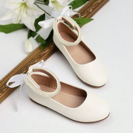 حذاء جلدي مسطح عالي الرقبة مطرز بالؤلؤ للفتيات