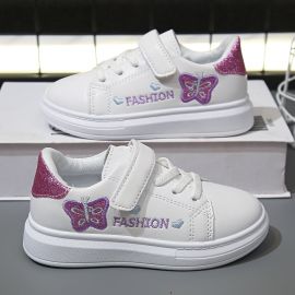 حذاء رياضي بناتي أبيض بطبعة الفراشة برباط و لاصق أمامي 