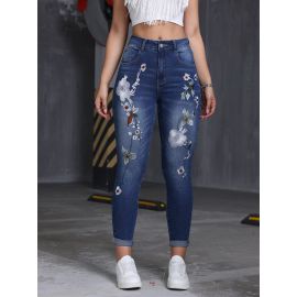 بنطلون جينز ضيق مطرز على شكل أصيص زهور للنساء