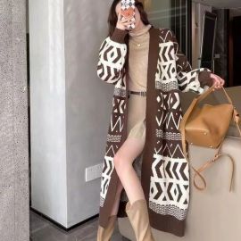 معطف مفتوح منقوش سميك متوسط ​​الطول للسيدات 