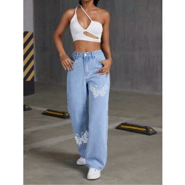بنطلون جينز مرصعة بأحجار الراين على شكل فراشة للنساء 