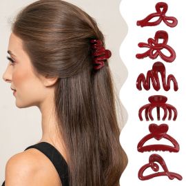 مشابك شعر أحمر اللون من الراتنج اللامع للنساء / 6 قطع 