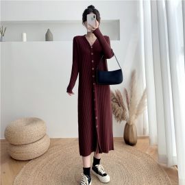 فستان شتوي ميدي بأكمام طويلة وأزرار أمامية للسيدات 