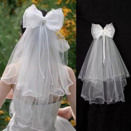 طرحة مزدوجة الطبقات مع فيونكة زفاف