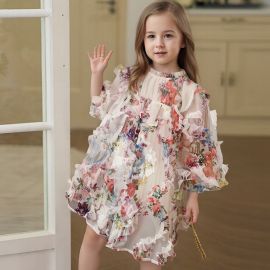 فستان قصير بأكمام طويلة وياقة عالية مزين بطبعات الورد للفتيات 