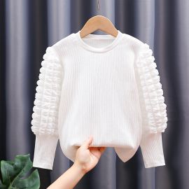 تيشيرت قطني أبيض بأكمام طويلة بشكل فانوس للفتيات 